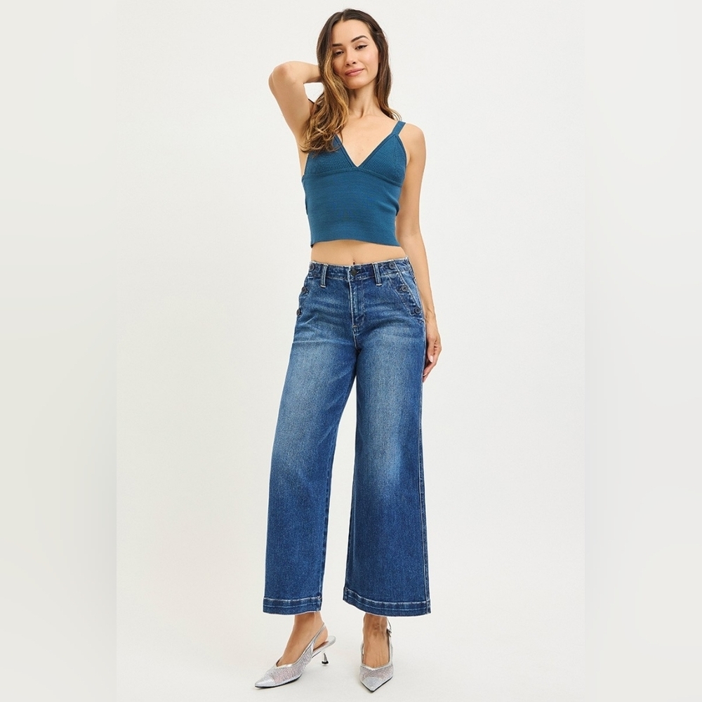 RISEN HR Dark Wash Wide Leg Cropped Jeans Pocket Button Detail Various NEW